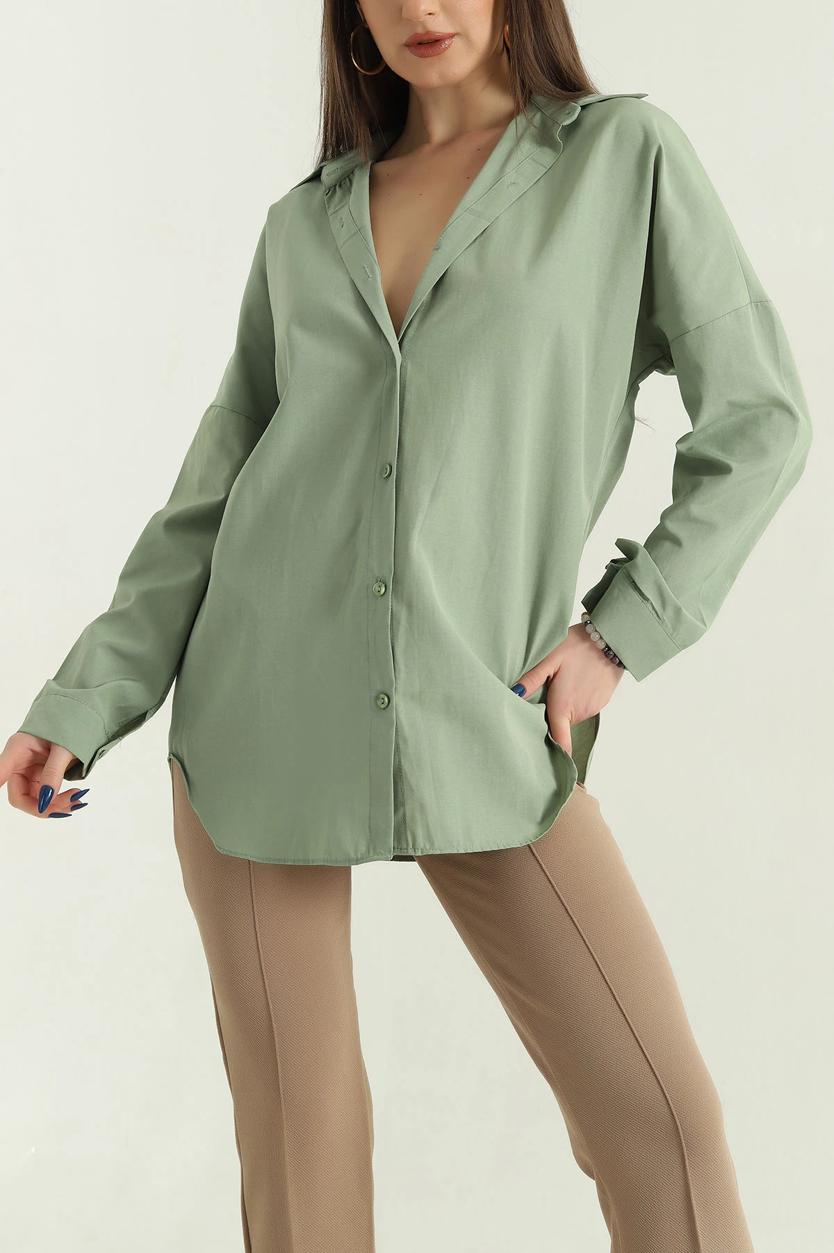 Yeşil Poplin Kumaş Gömlek Tunik 336936