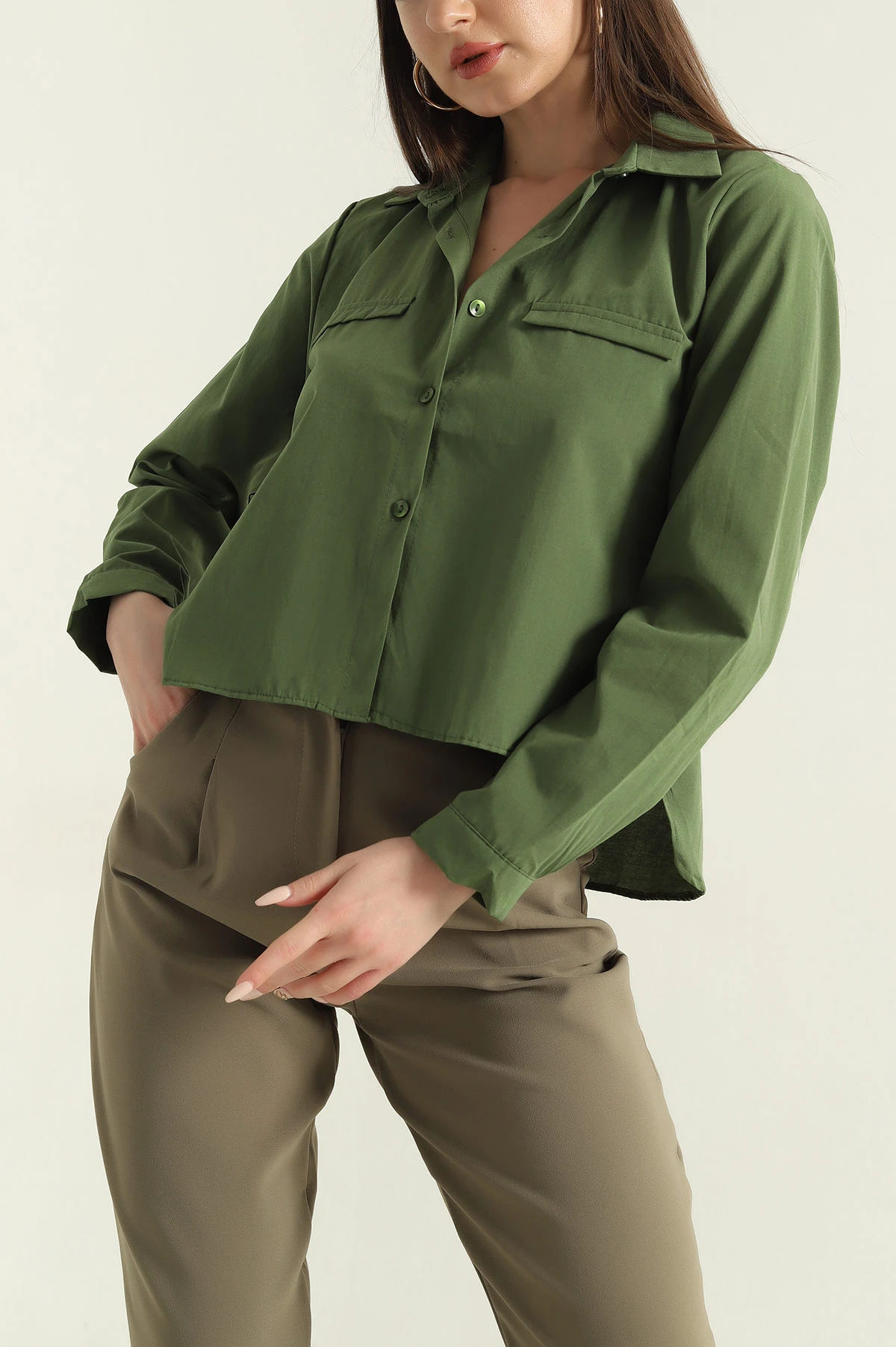 Yeşil Poplin Kumaş Kadın Crop Gömlek 355798
