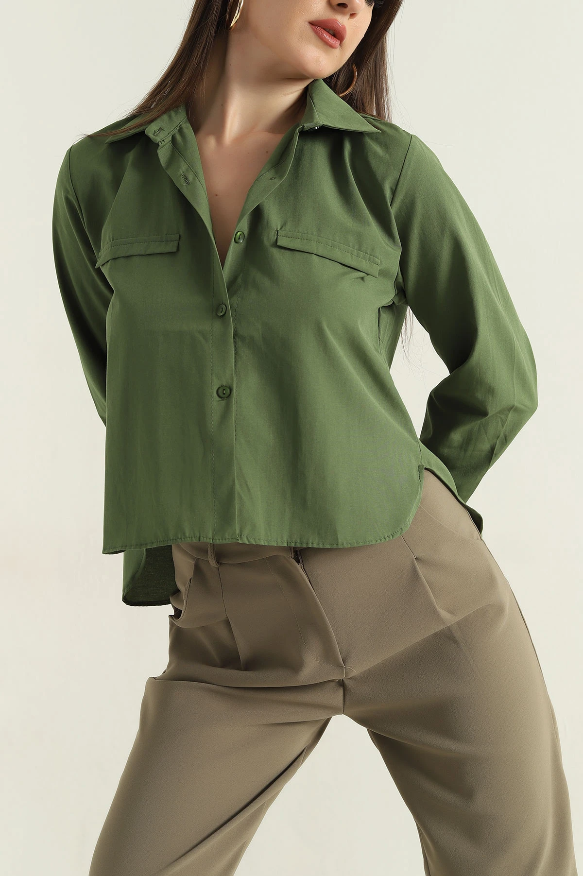 Yeşil Poplin Kumaş Kadın Crop Gömlek 355798