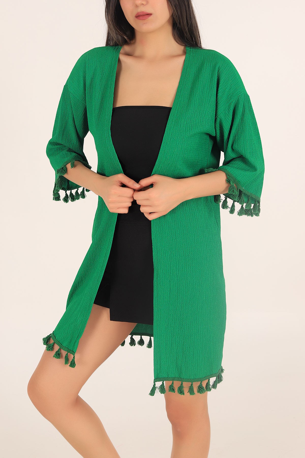 Yeşil Püskül Detay Seul Kimono Hırka 168590