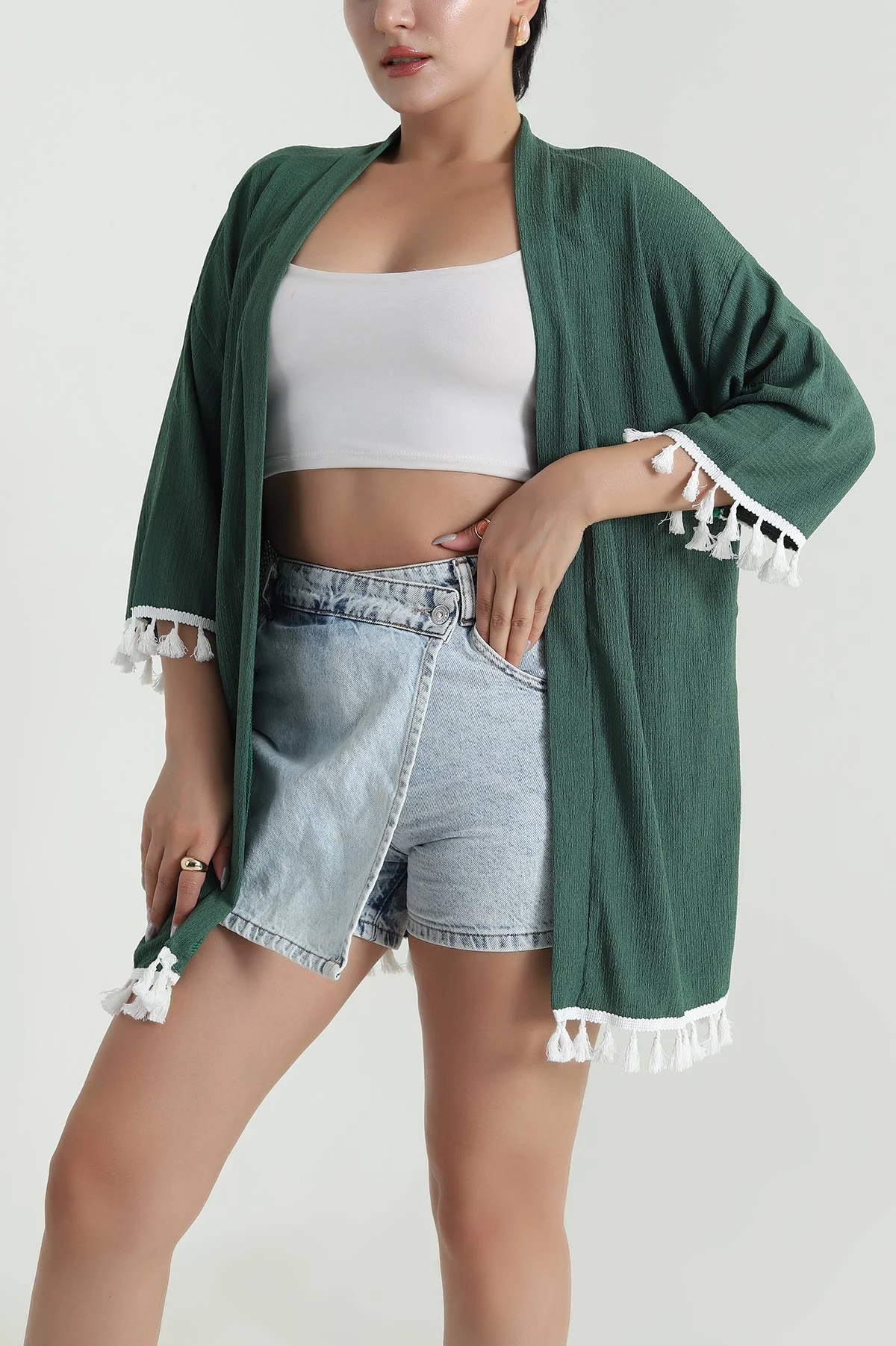 Yeşil Püsküllü Bürümcük Kadın Kimono 481631