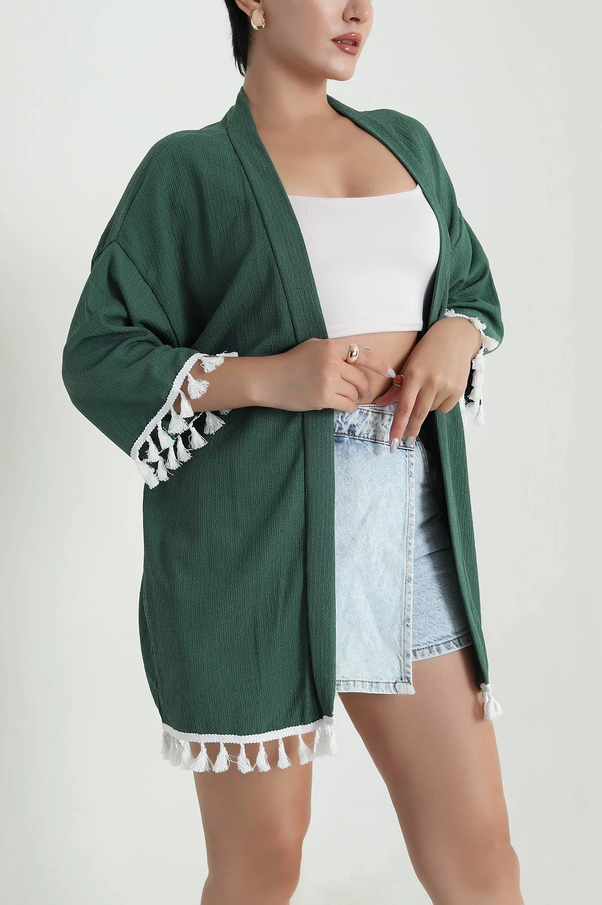 Yeşil Püsküllü Bürümcük Kadın Kimono 481631