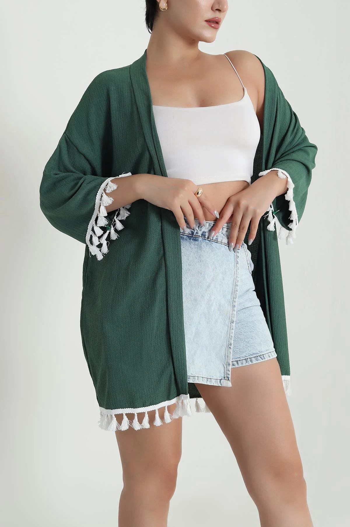 Yeşil Püsküllü Bürümcük Kadın Kimono 481631