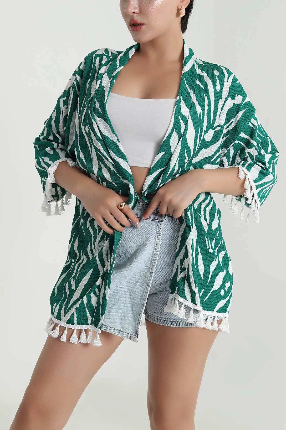 Yeşil Püsküllü Bürümcük Kadın Kimono 481657