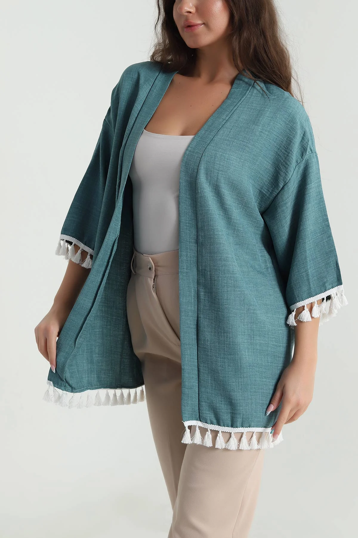 Yeşil Püsküllü Keten Kadın Kimono 481640