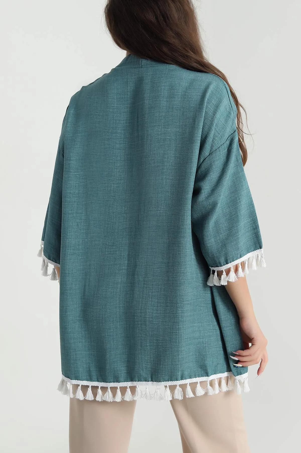 Yeşil Püsküllü Keten Kadın Kimono 481640