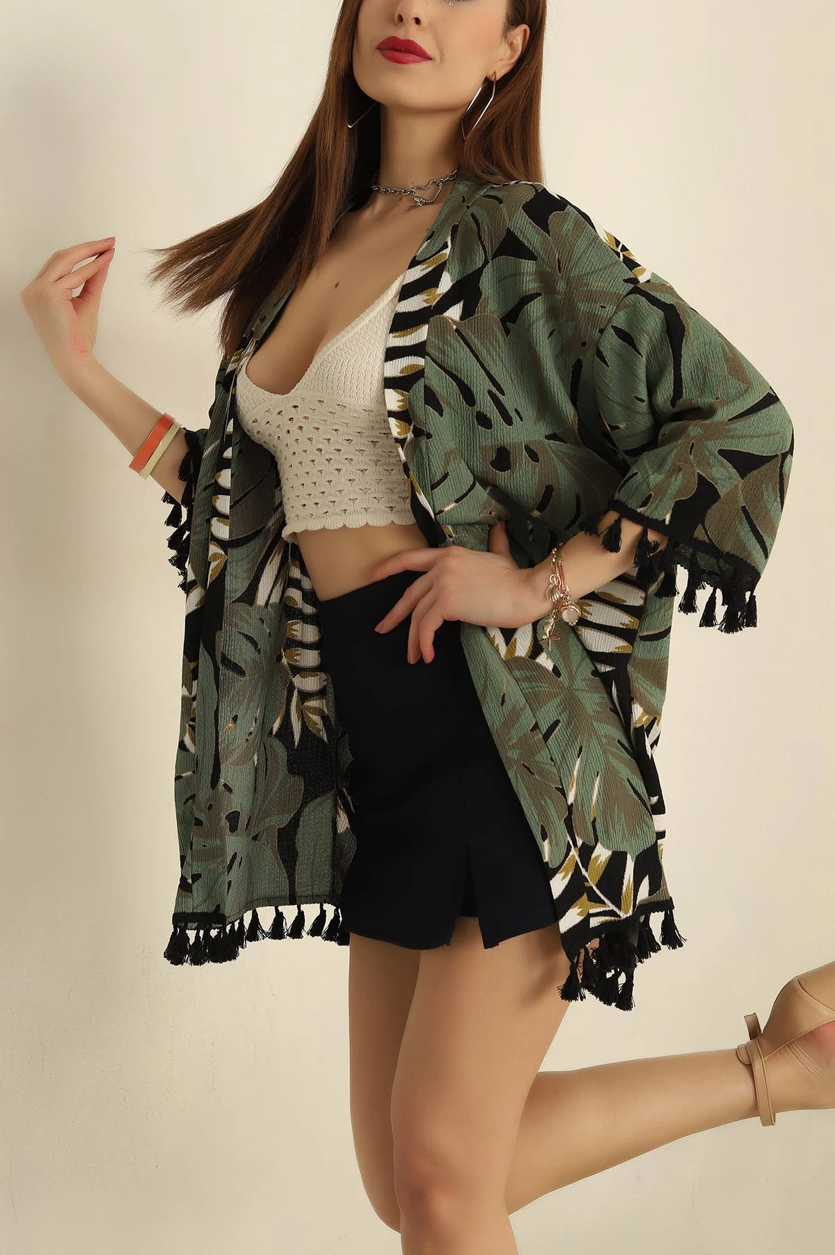 Yeşil Püsküllü Okyanus kumaş Kimono 251977
