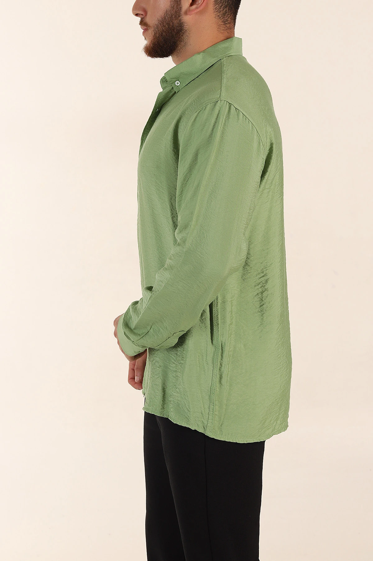 Yeşil Regular Fit Ata Yaka Basic Uzun Kollu Erkek Gömlek 370031