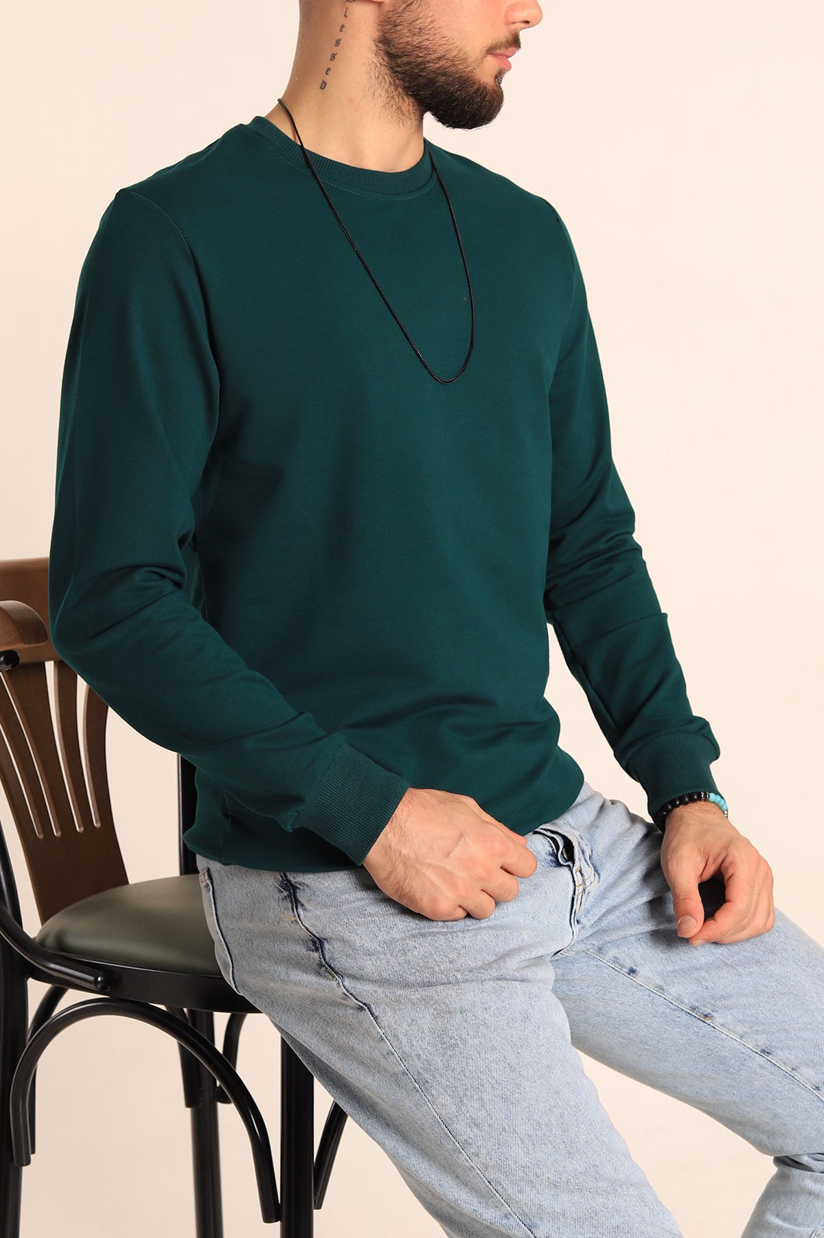 Yeşil Regular Fit Basic Bisiklet Yaka Erkek Sweatshirt 217617