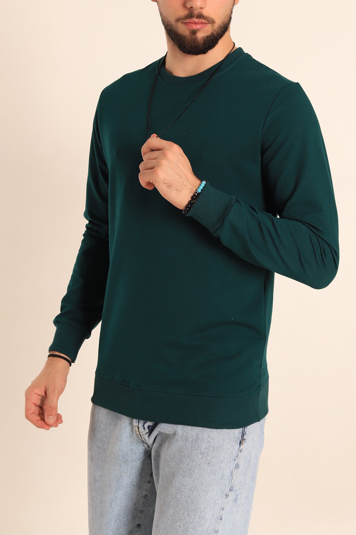 Yeşil Regular Fit Basic Bisiklet Yaka Erkek Sweatshirt 217617