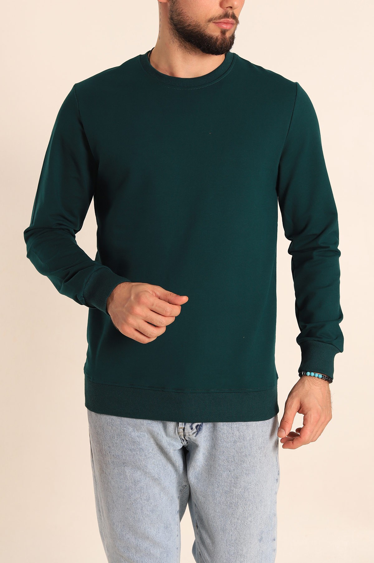 Yeşil Regular Fit Basic Bisiklet Yaka Erkek Sweatshirt 217617