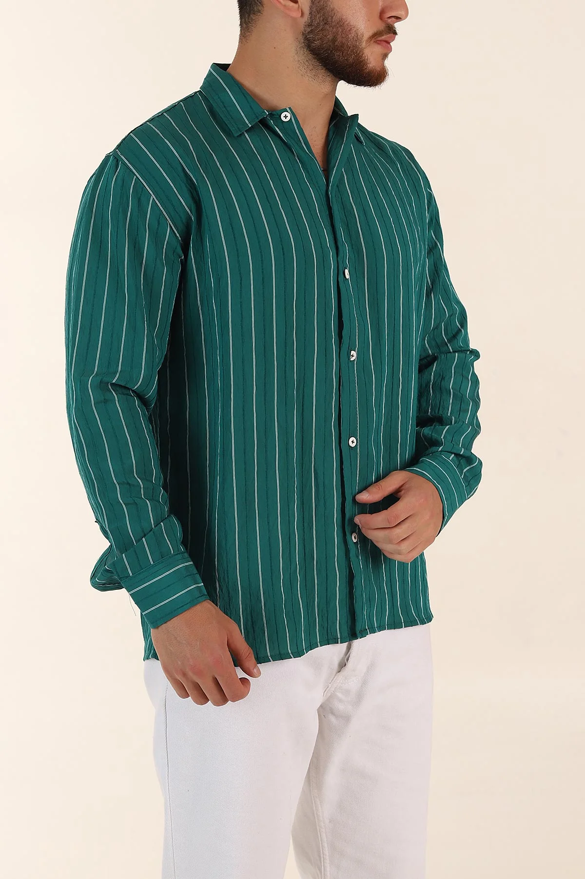 Yeşil Regular Fit Çizgili Uzun Kollu Erkek Gömlek 369566