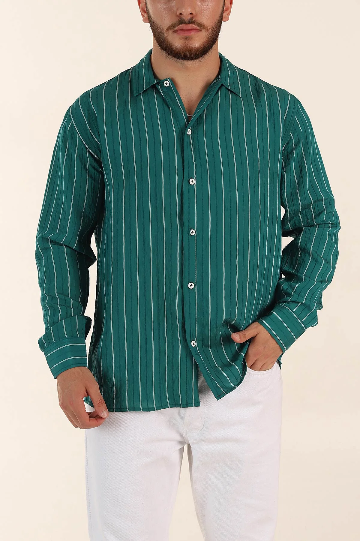 Yeşil Regular Fit Çizgili Uzun Kollu Erkek Gömlek 369566