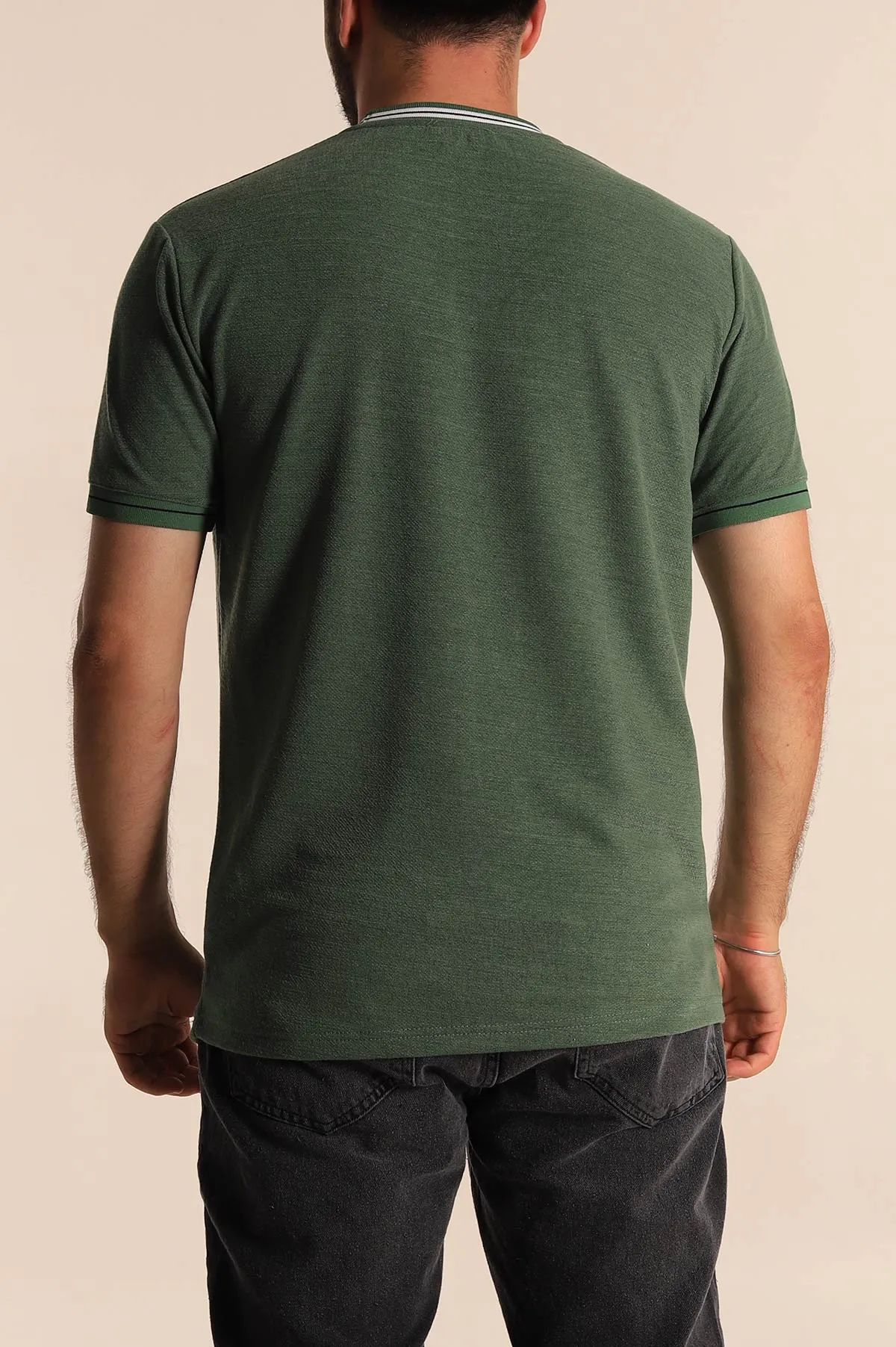 Yeşil Regular Fit Çizgili Yaka Detaylı Erkek Tişört 277154