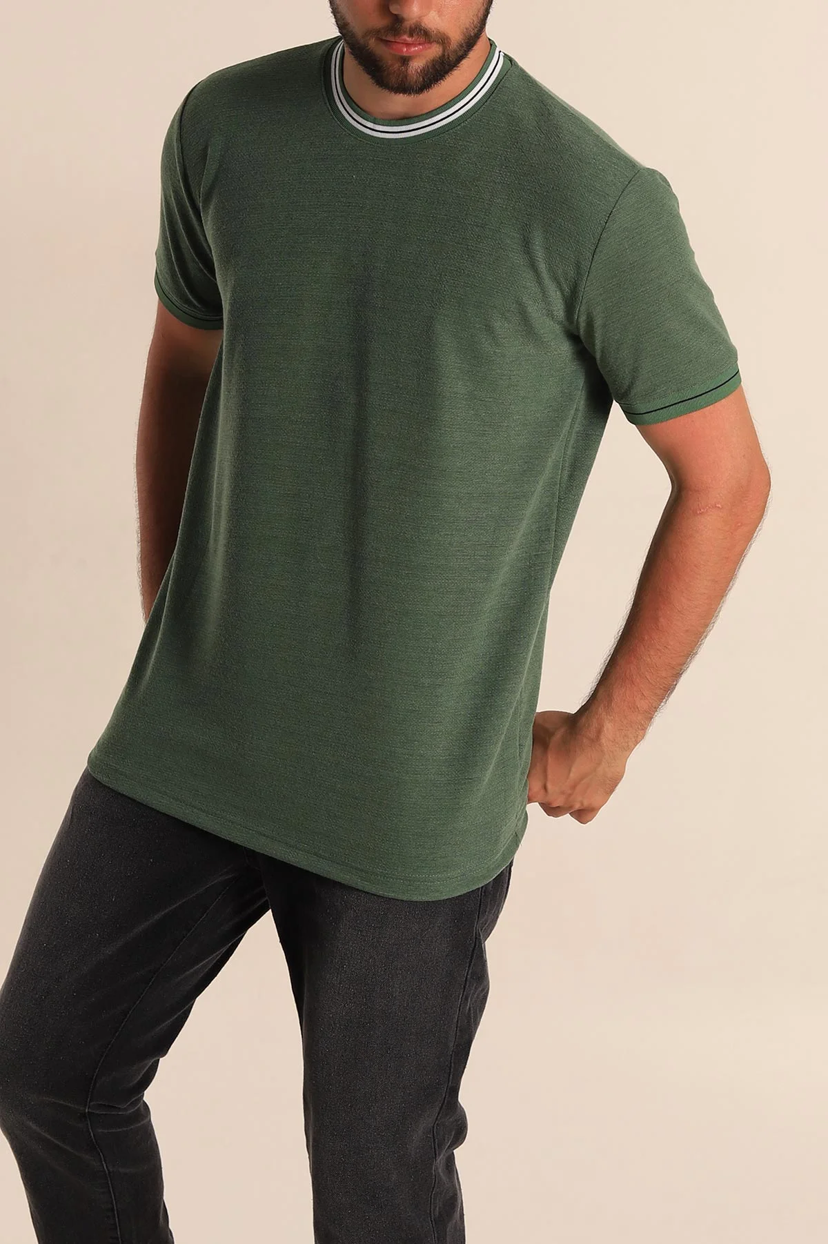 Yeşil Regular Fit Çizgili Yaka Detaylı Erkek Tişört 277154