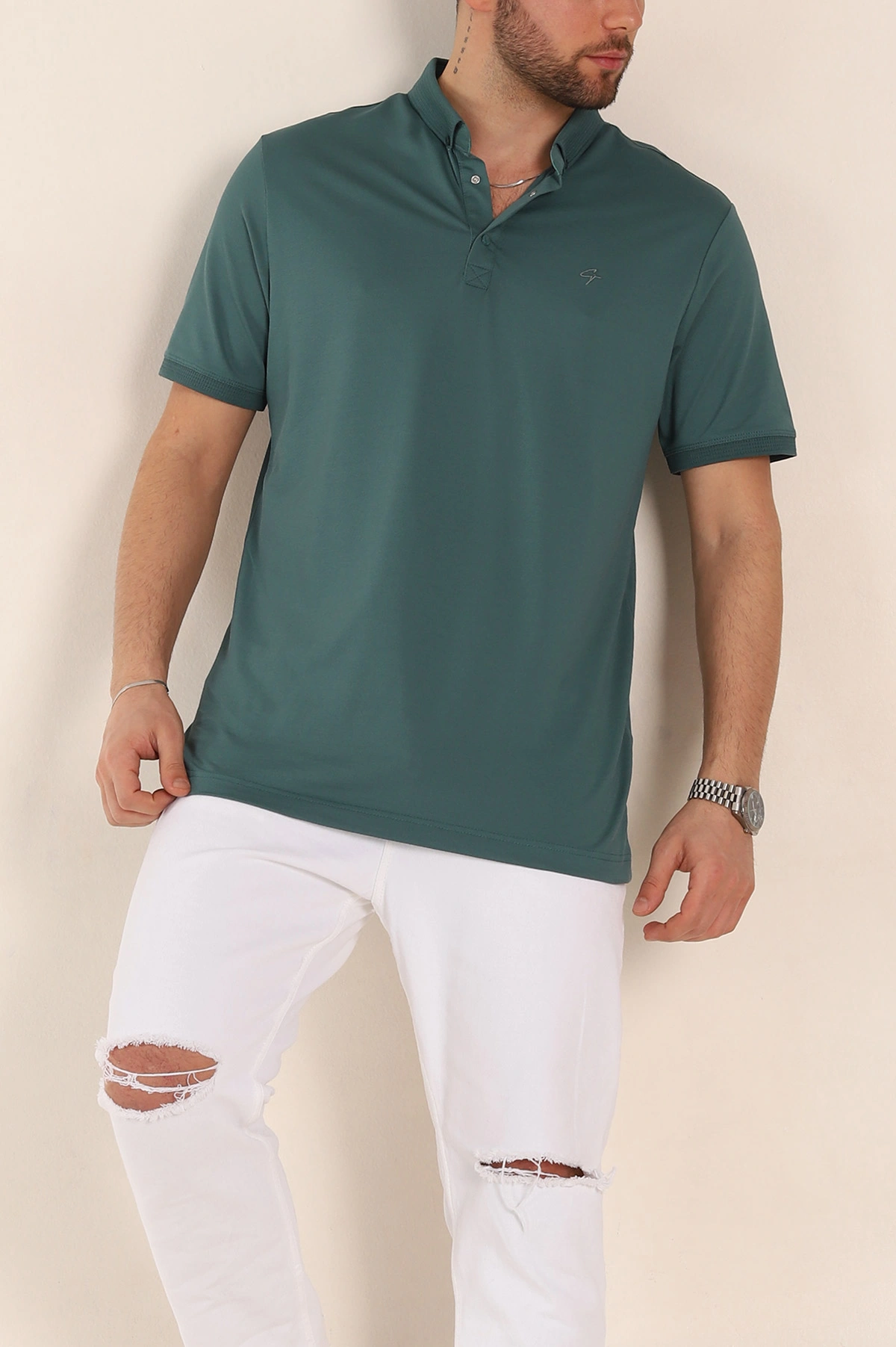 Yeşil Regular Fit Dokulu Polo Yaka Erkek Tişört 342492