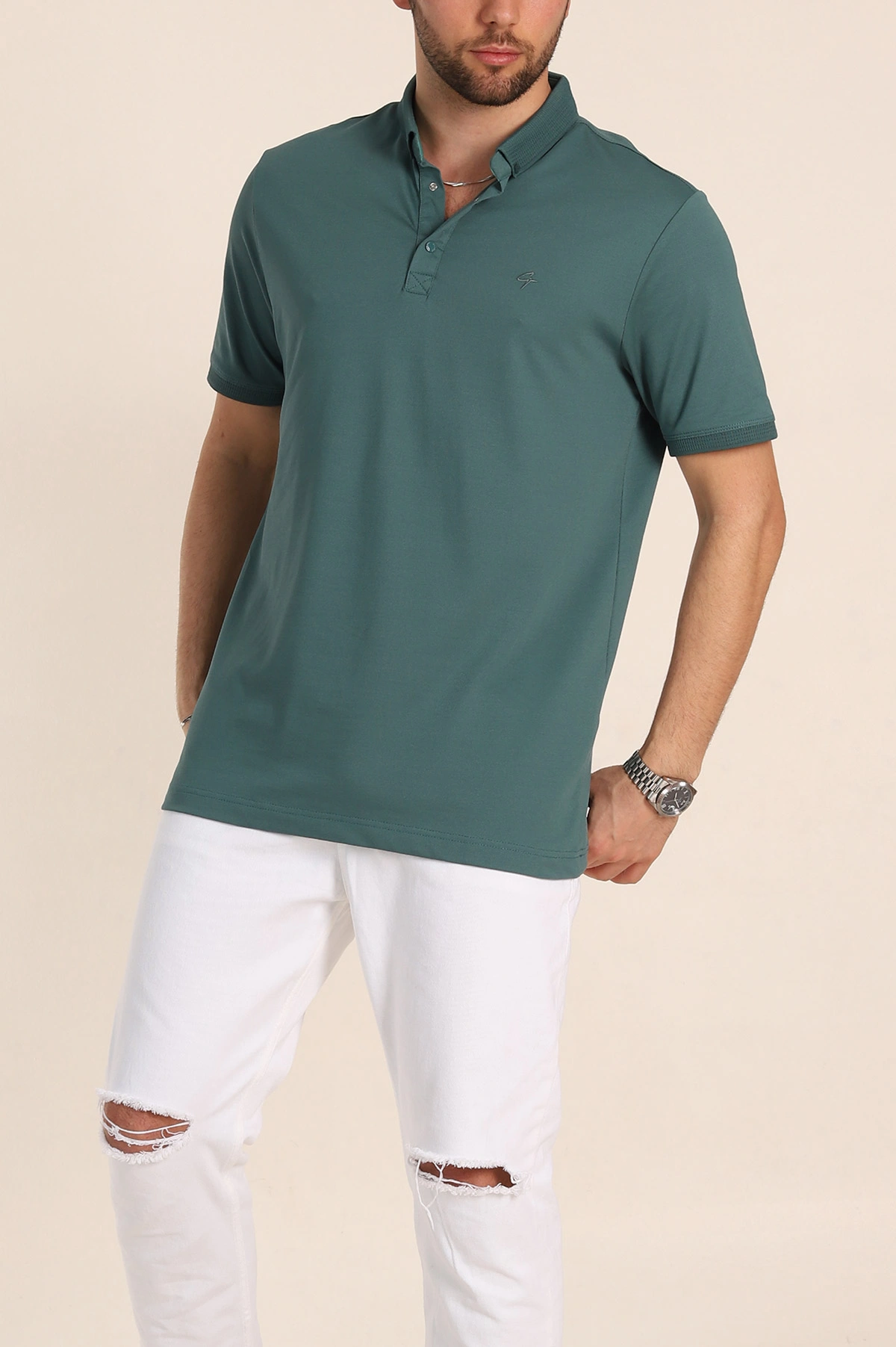 Yeşil Regular Fit Dokulu Polo Yaka Erkek Tişört 342492