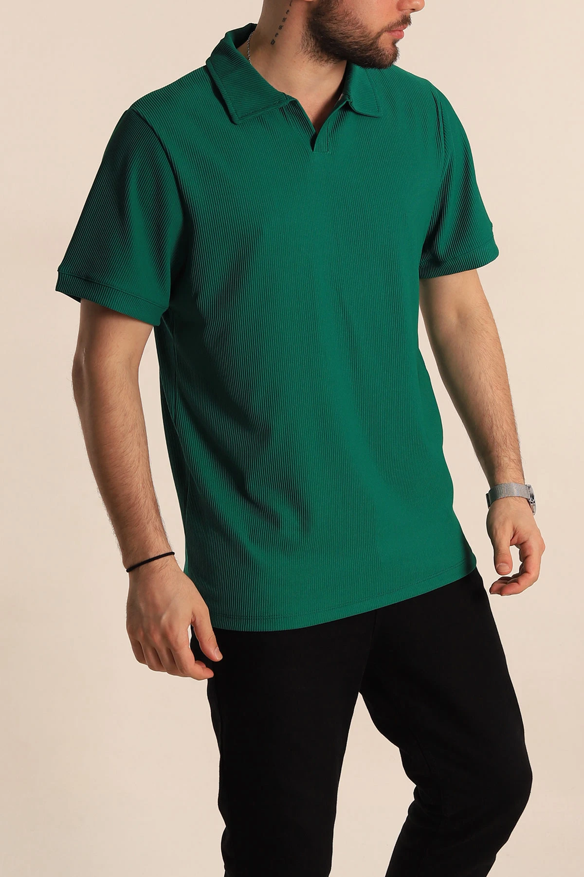 Yeşil Regular Fit Fitilli Doku Patlı Polo Yaka Erkek Tişört 270577