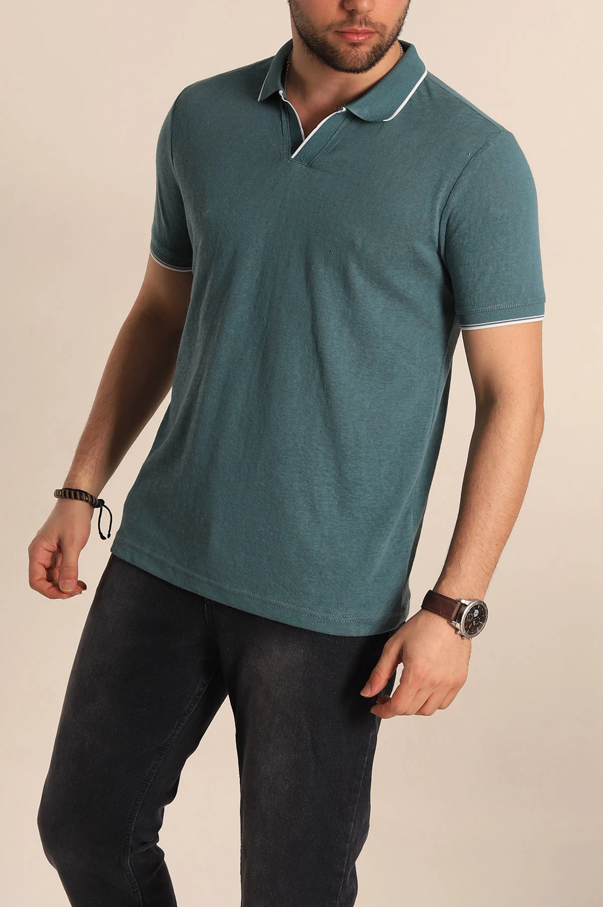 Yeşil Regular Fit Jakarlı Polo Yaka Triko Tişört 263234