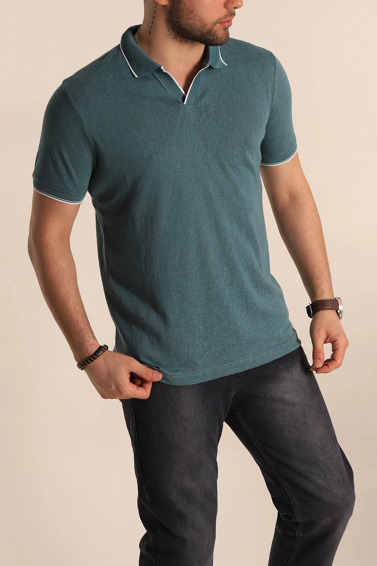 Yeşil Regular Fit Jakarlı Polo Yaka Triko Tişört 263234