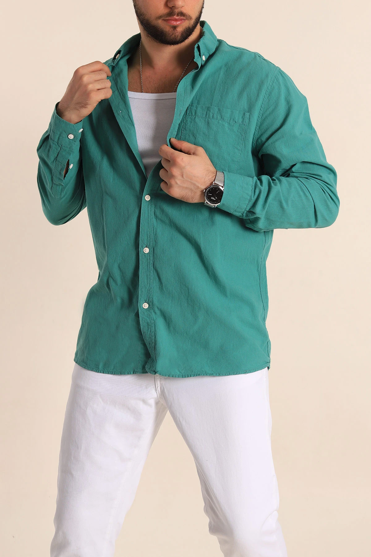 Yeşil Regular Fit Keten Tek Cep Detaylı Uzun Kollu Erkek Gömlek 244751
