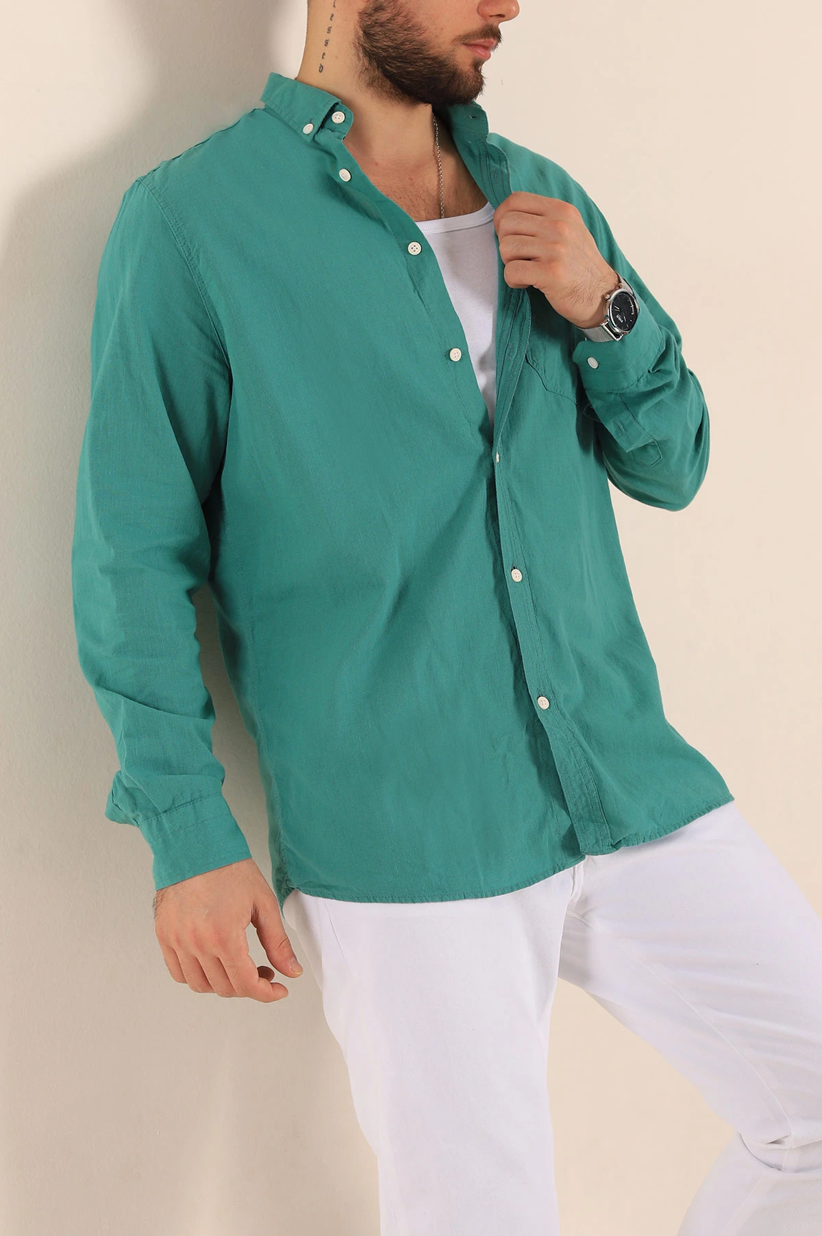 Yeşil Regular Fit Keten Tek Cep Detaylı Uzun Kollu Erkek Gömlek 244751