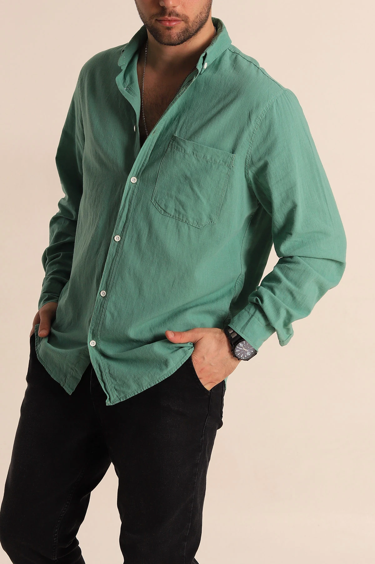 Yeşil Regular Fit Keten Tek Cep Detaylı Uzun Kollu Erkek Gömlek 267483