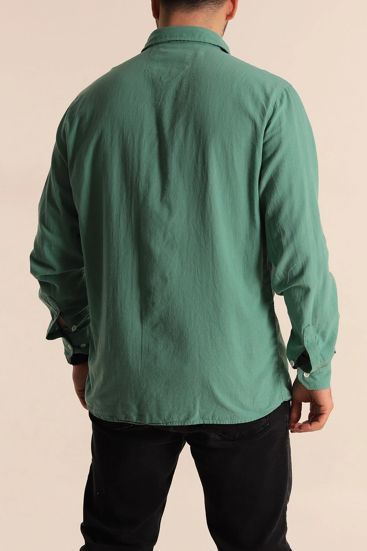 Yeşil Regular Fit Keten Tek Cep Detaylı Uzun Kollu Erkek Gömlek 267483