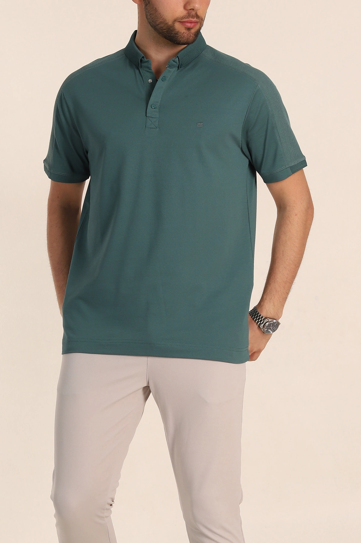 Yeşil Regular Fit Parçalı Polo Yaka Erkek Tişört 346727