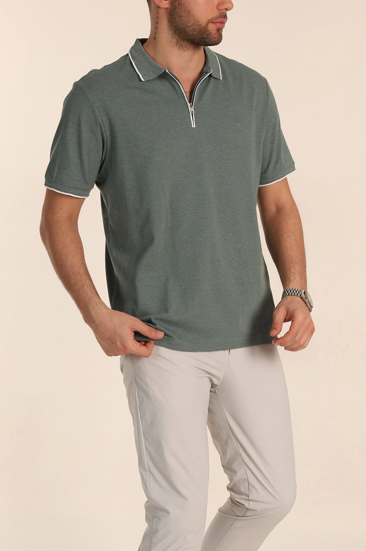 Yeşil Regular Fit Petek Dokulu Polo Yaka Erkek Tişört 349897