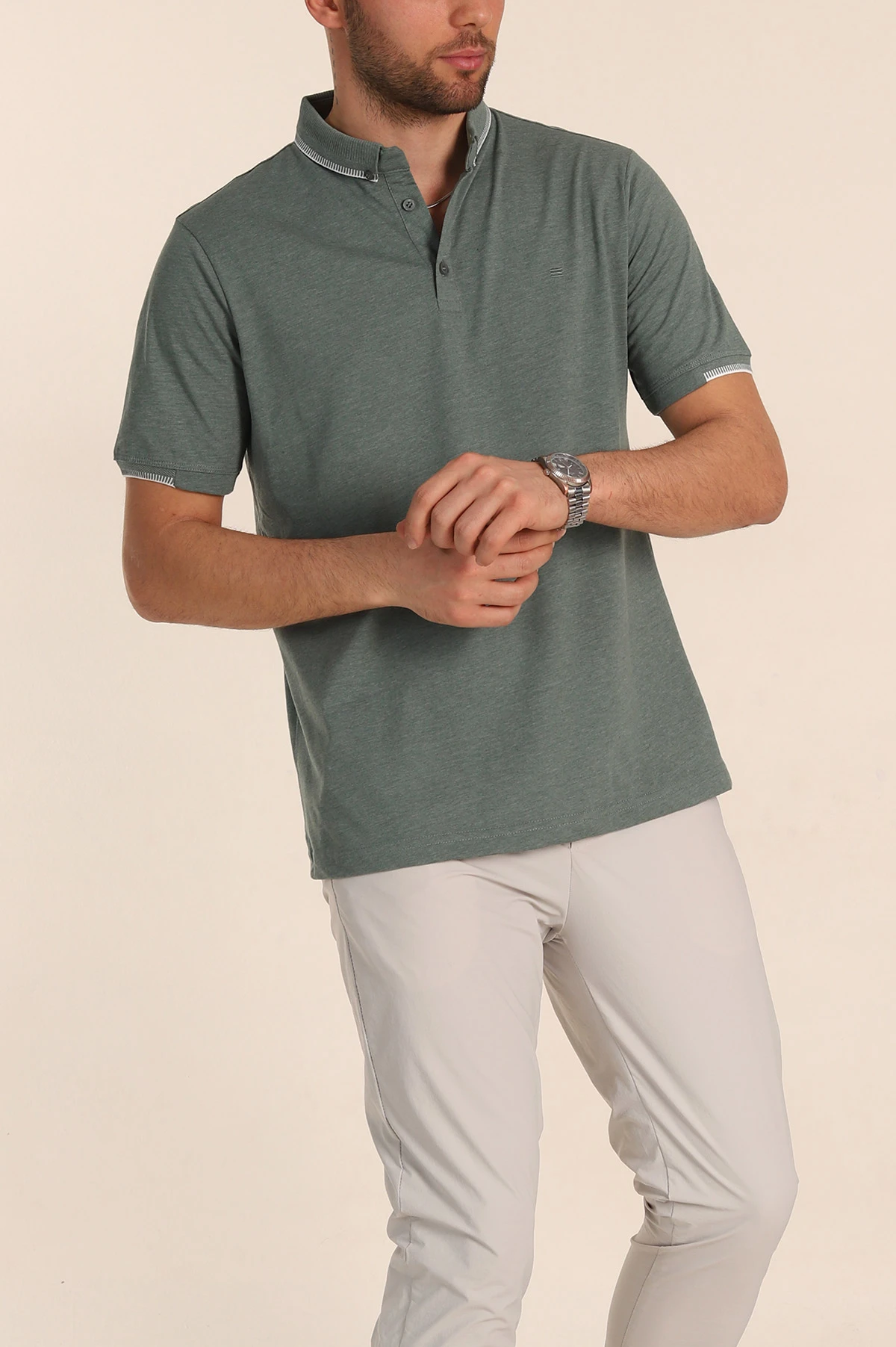Yeşil Regular Fit Süprem Kumaş Kol Detaylı Polo Yaka Erkek Tişört 349937