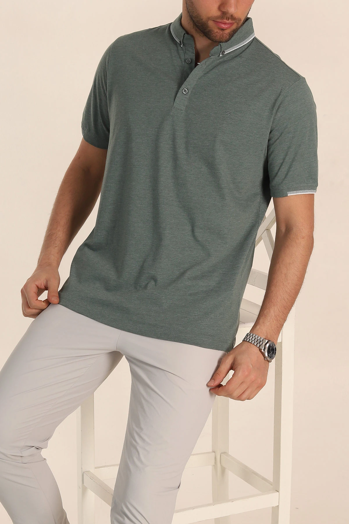 Yeşil Regular Fit Süprem Kumaş Kol Detaylı Polo Yaka Erkek Tişört 349937