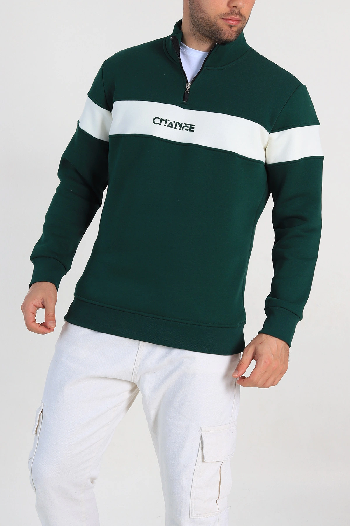 Yeşil Regular Fit Üç İp Şardonlu Yazı Detay Yarım Fermuarlı Erkek Sweatshirt 320517