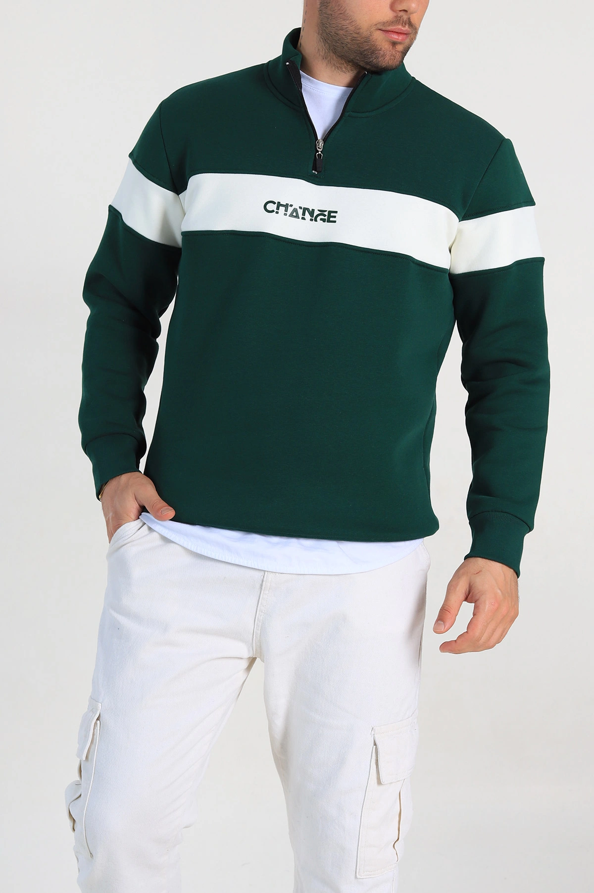 Yeşil Regular Fit Üç İp Şardonlu Yazı Detay Yarım Fermuarlı Erkek Sweatshirt 320517