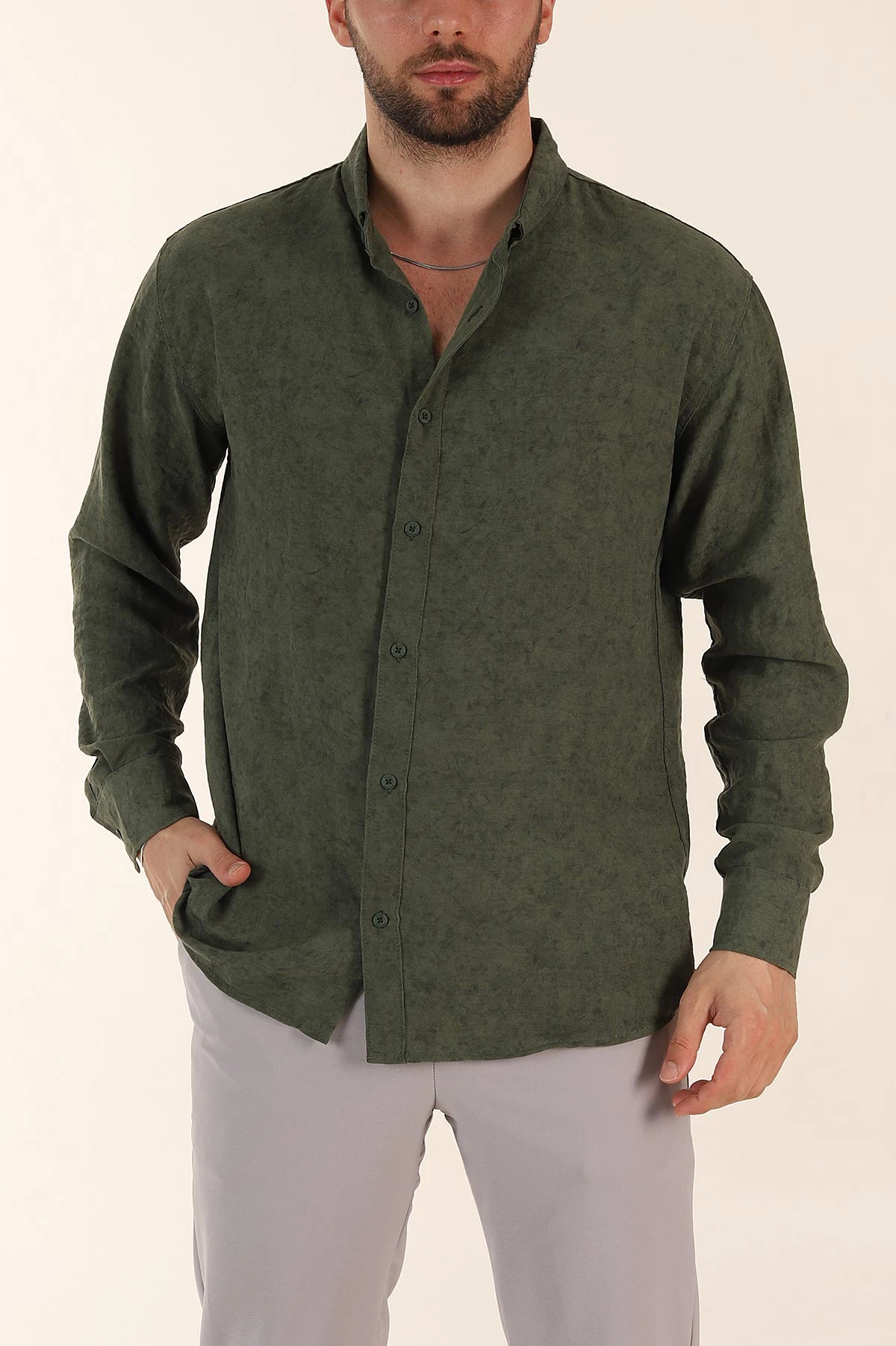 Yeşil Relaxed Fit Desenli Uzun Kollu Erkek Gömlek 369753