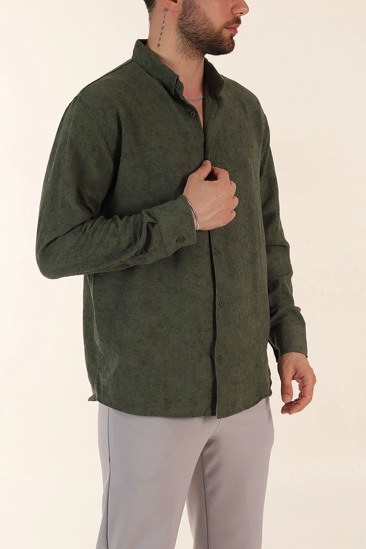 Yeşil Relaxed Fit Desenli Uzun Kollu Erkek Gömlek 369753