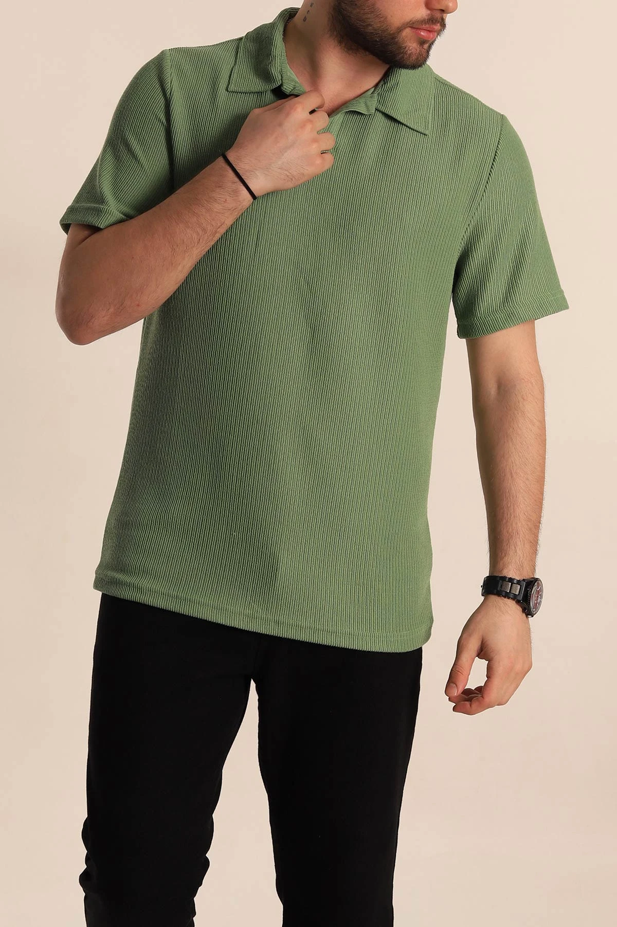 Yeşil Relaxed Fit Fitilli Doku Polo Yaka Erkek Tişört 268865