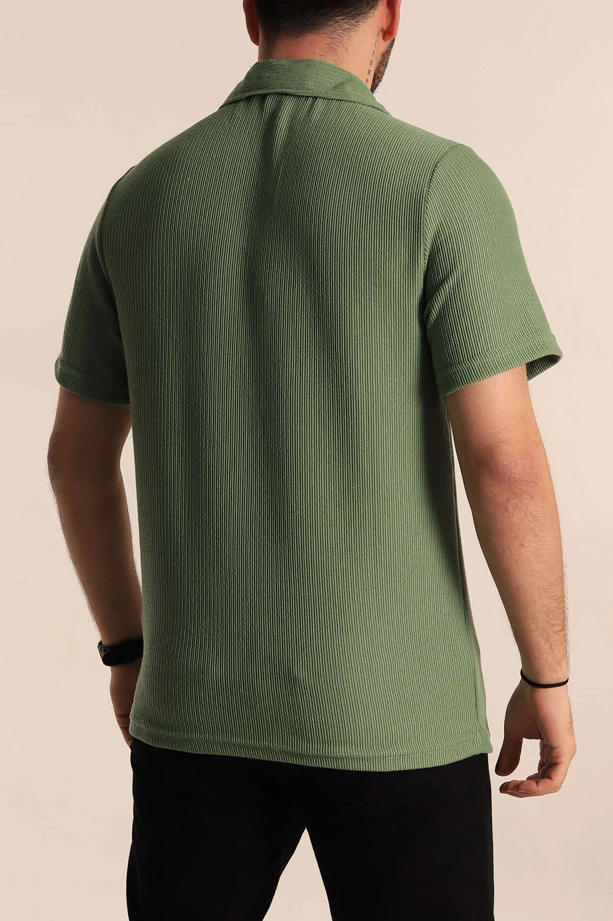 Yeşil Relaxed Fit Fitilli Doku Polo Yaka Erkek Tişört 268865