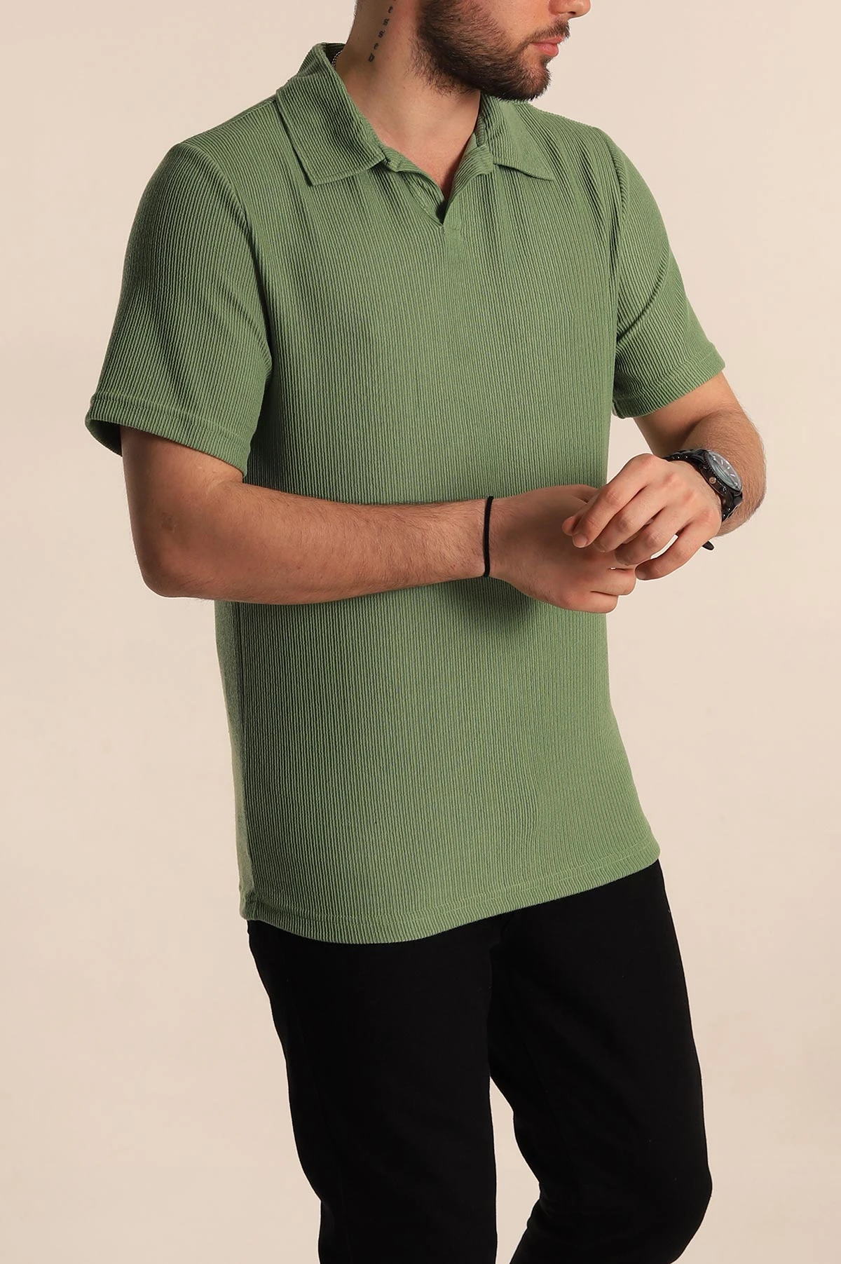 Yeşil Relaxed Fit Fitilli Doku Polo Yaka Erkek Tişört 268865