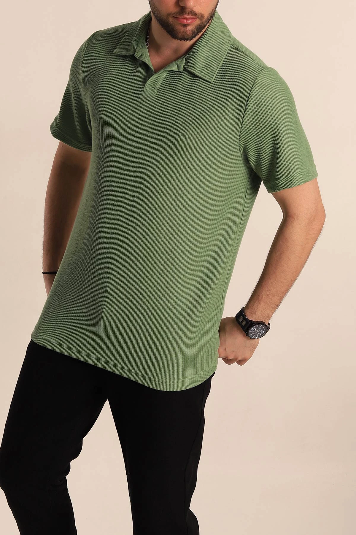 Yeşil Relaxed Fit Fitilli Doku Polo Yaka Erkek Tişört 268865