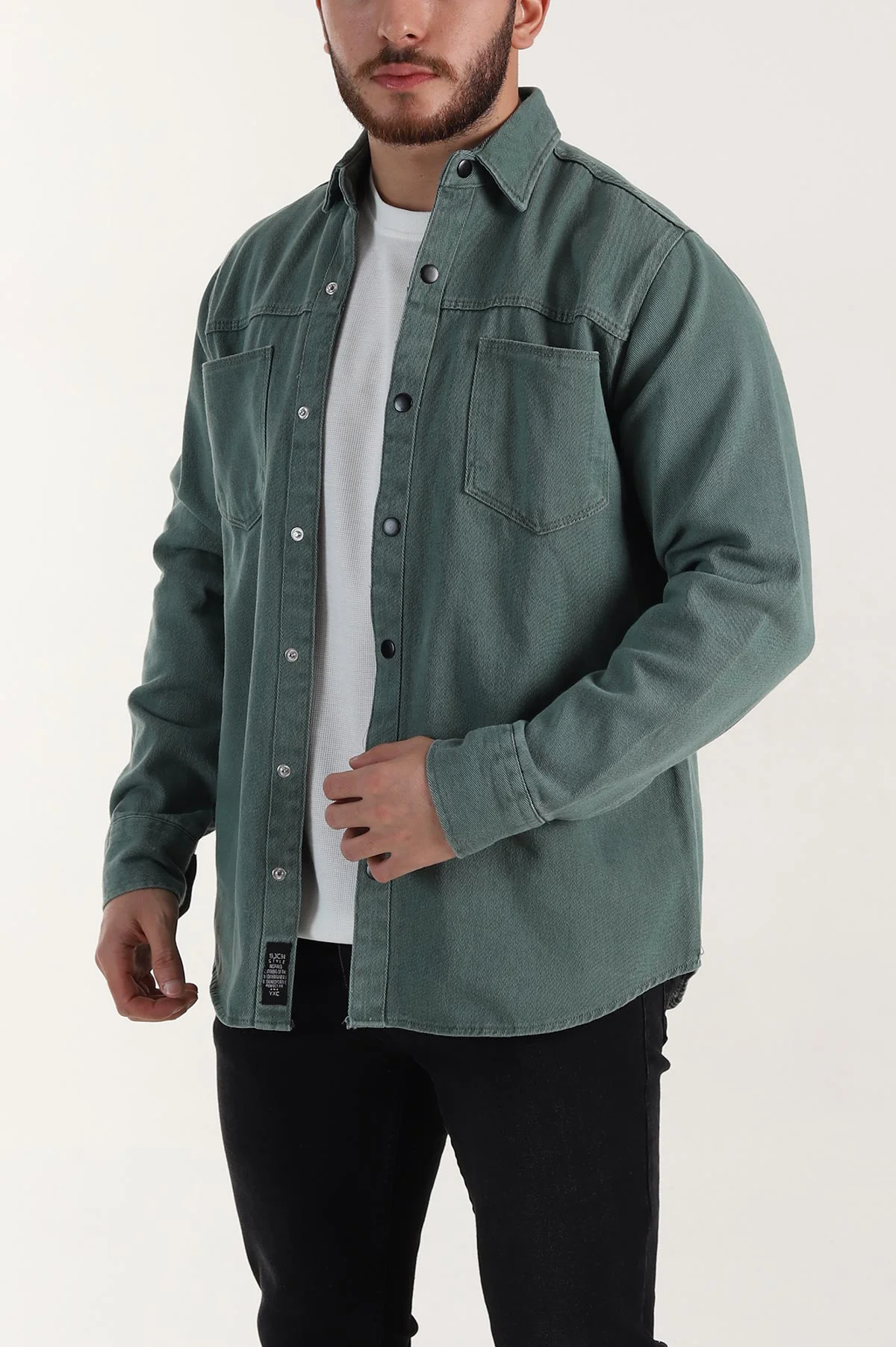 Yeşil Relaxed Fit Gabardin Çift Cepli Yıkamalı Erkek Gömlek 397970