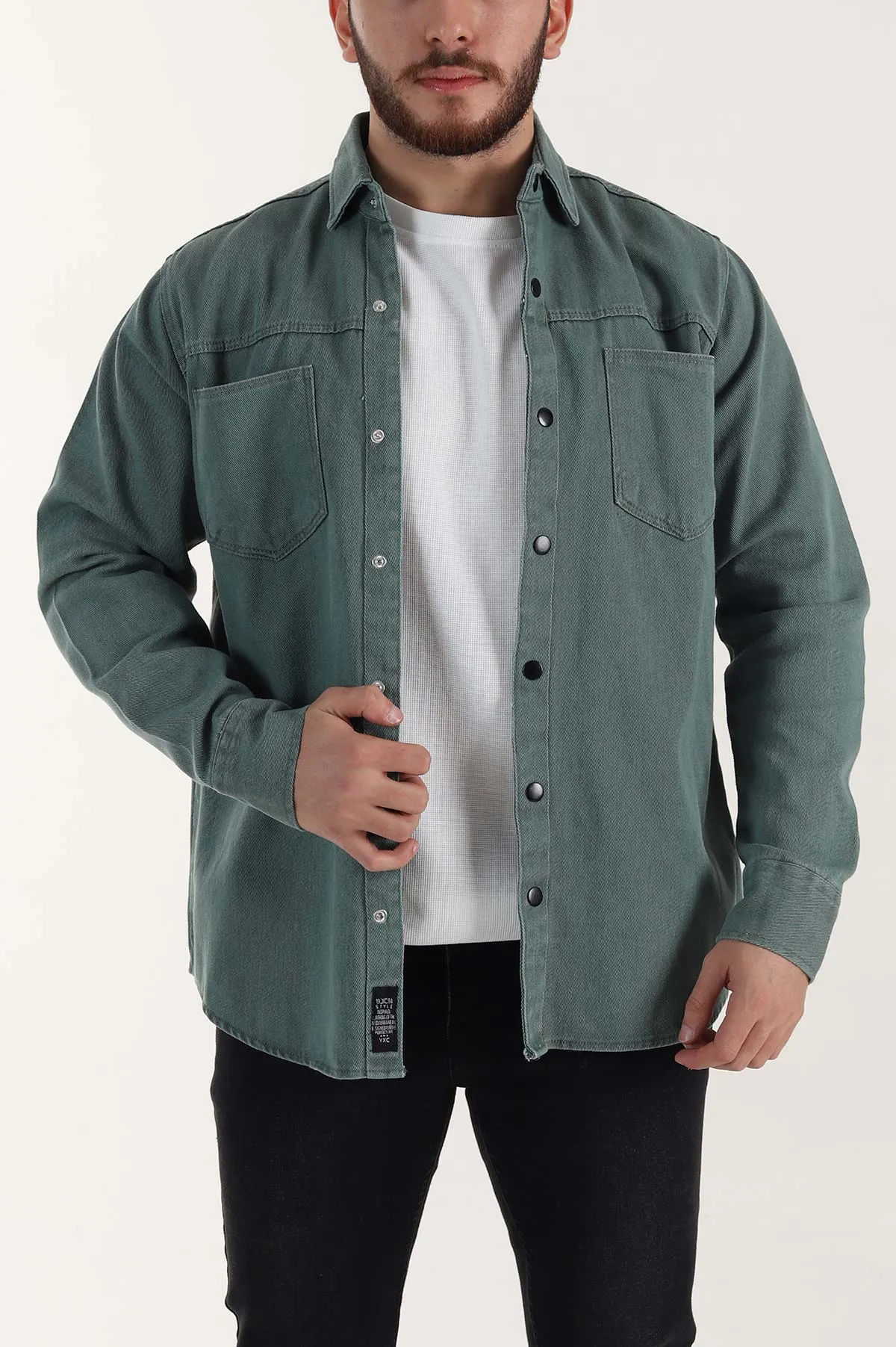 Yeşil Relaxed Fit Gabardin Çift Cepli Yıkamalı  Erkek Gömlek 397970