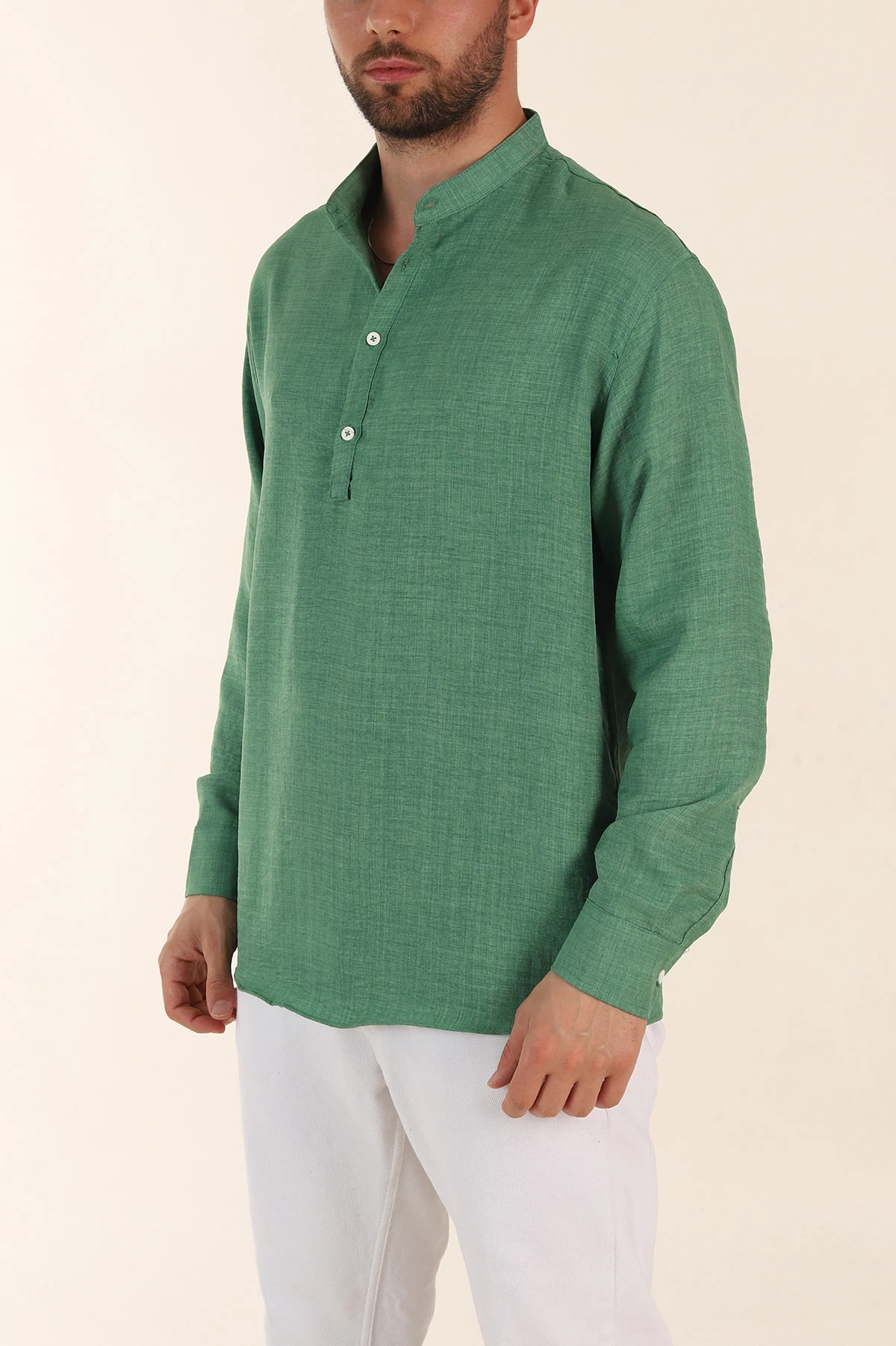 Yeşil Relaxed Fit Hakim Yaka Yarım Düğmeli Erkek Gömlek 369851