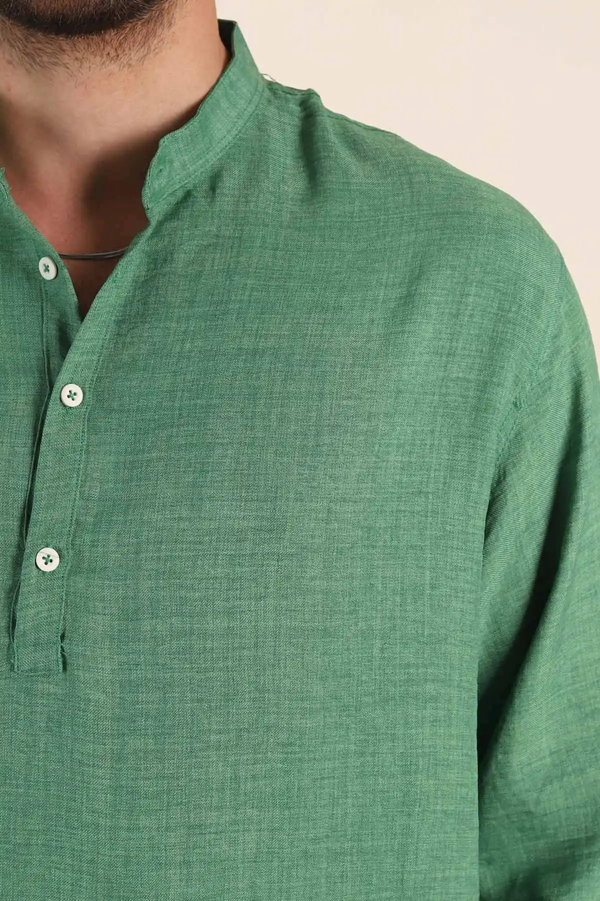 Yeşil Relaxed Fit Hakim Yaka Yarım Düğmeli Erkek Gömlek 369851