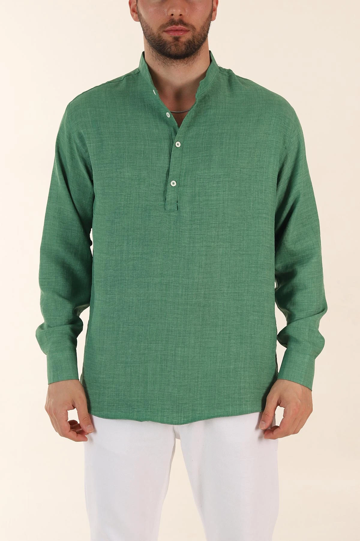 Yeşil Relaxed Fit Hakim Yaka Yarım Düğmeli Erkek Gömlek 369851
