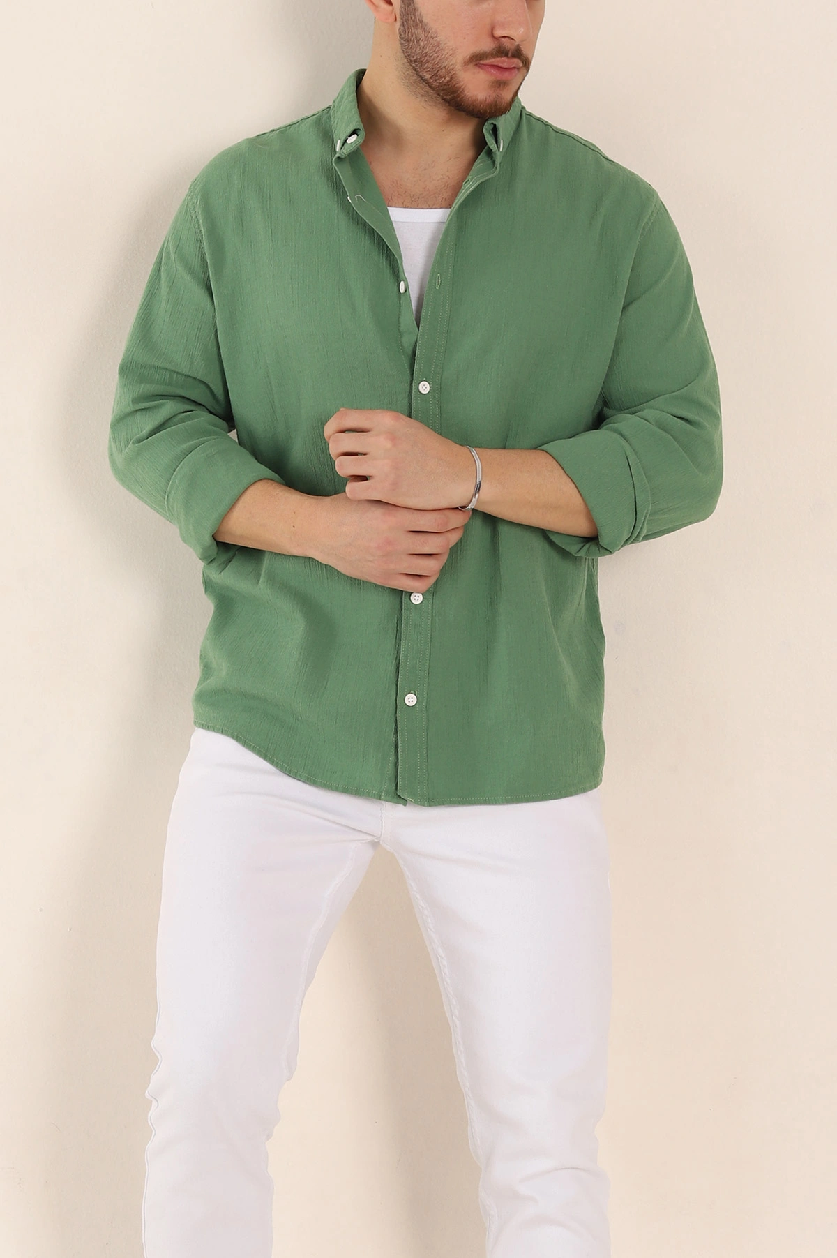 Yeşil Relaxed Fit Keten Ata Yaka Erkek Gömlek 339164