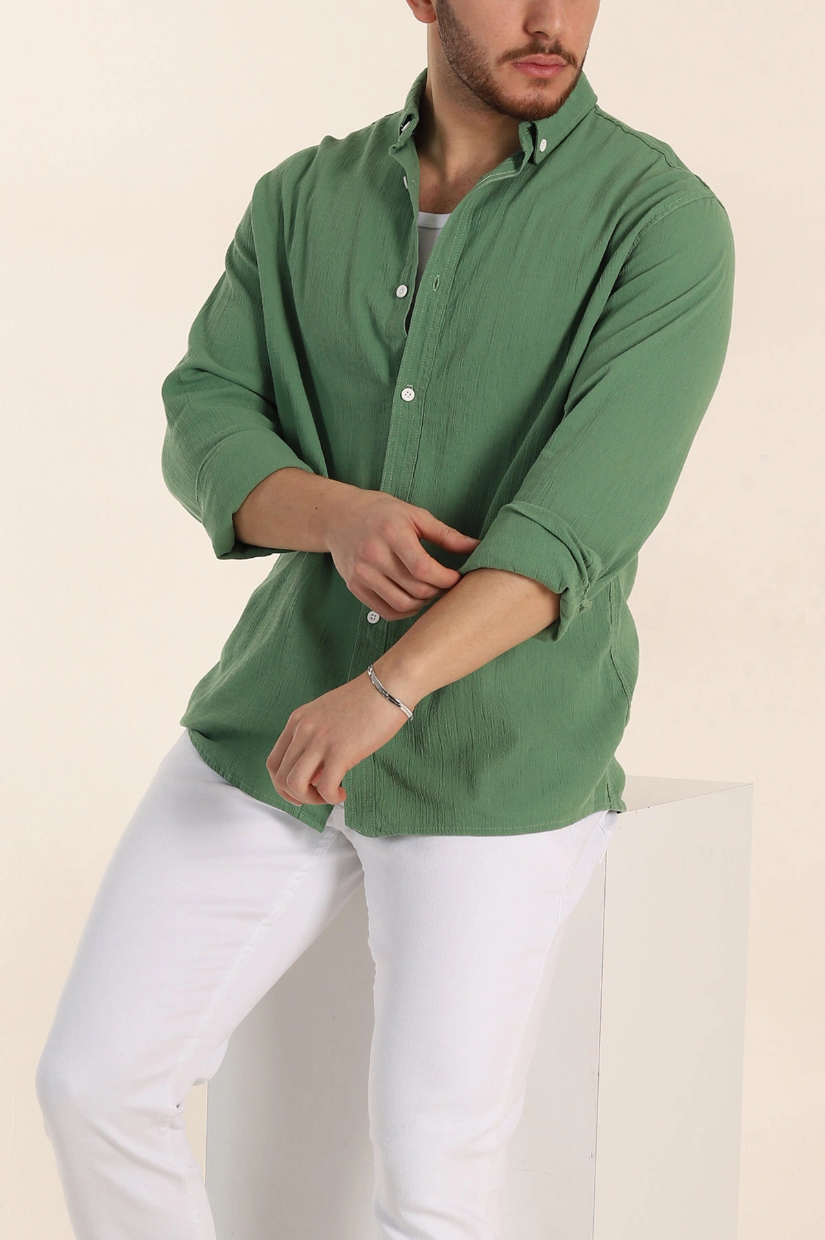 Yeşil Relaxed Fit Keten Ata Yaka Erkek Gömlek 339164