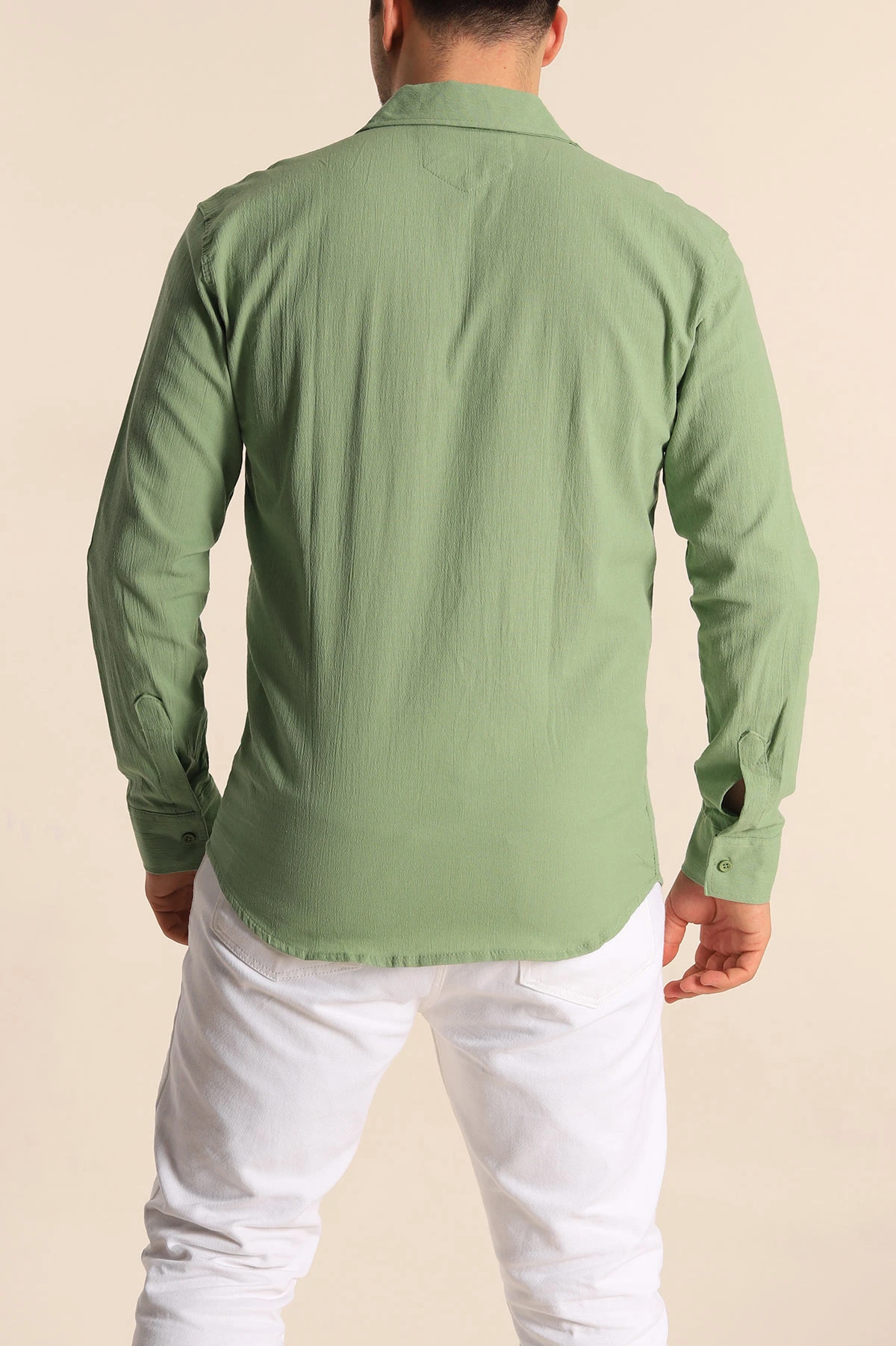 Yeşil Relaxed Fit Kırınkıl Keten Erkek Gömlek 256992
