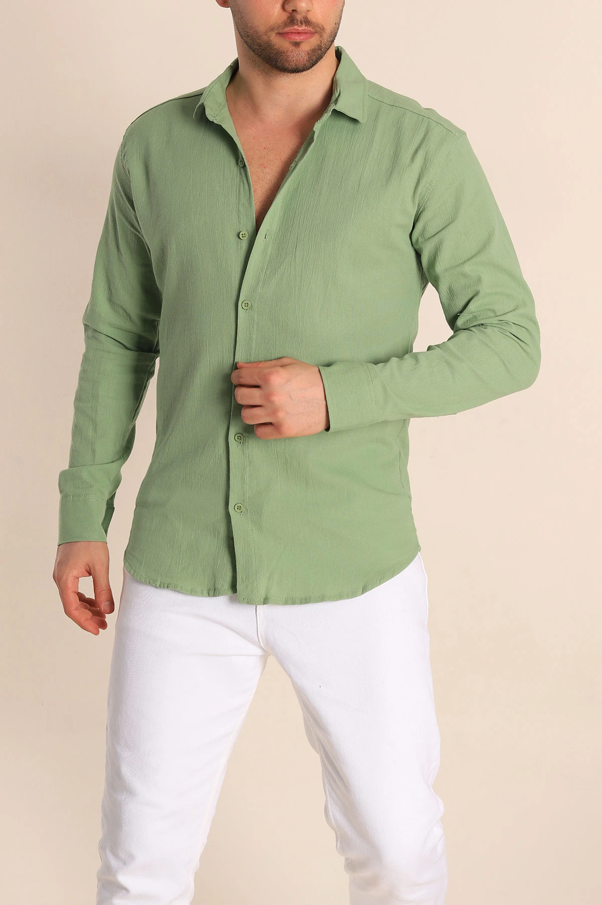 Yeşil Relaxed Fit Kırınkıl Keten Erkek Gömlek 256992