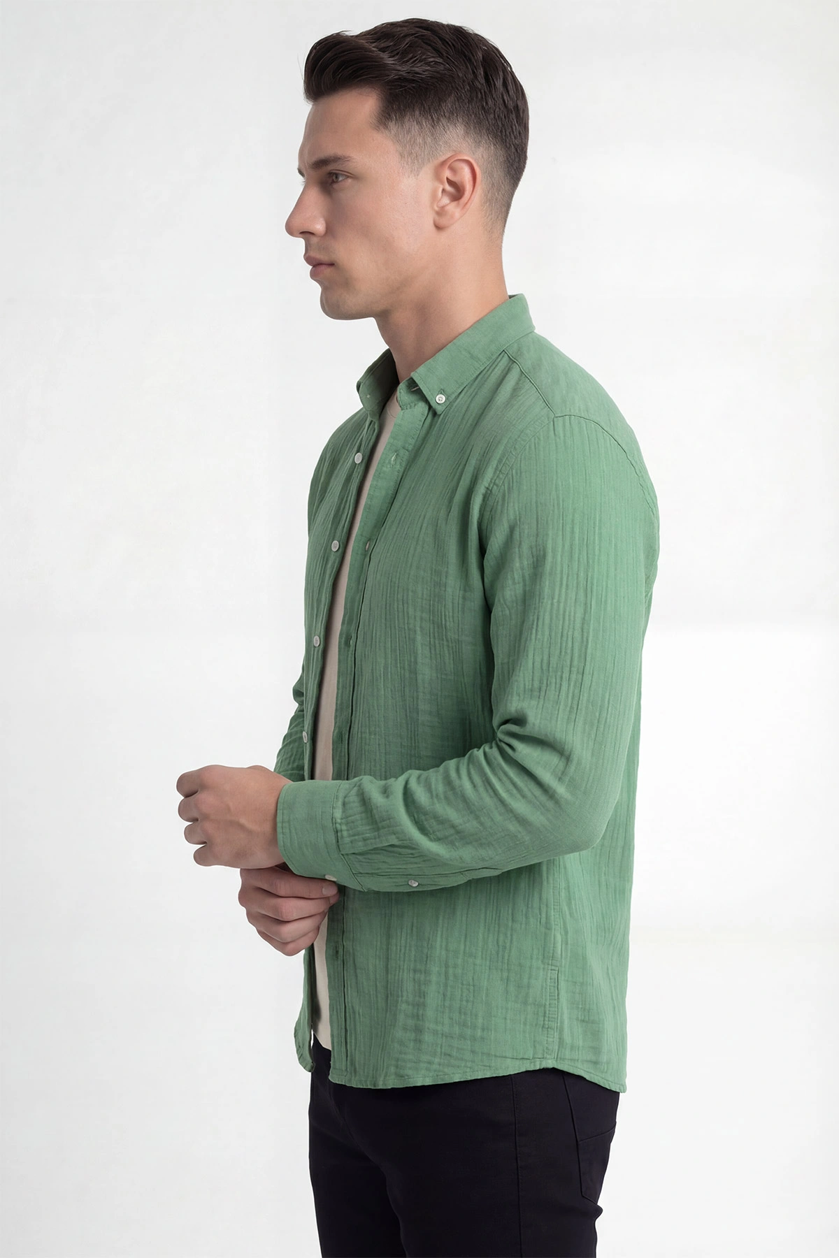 Yeşil Relaxed Fit Müslin Keten Ata Yaka Erkek Gömlek 435748